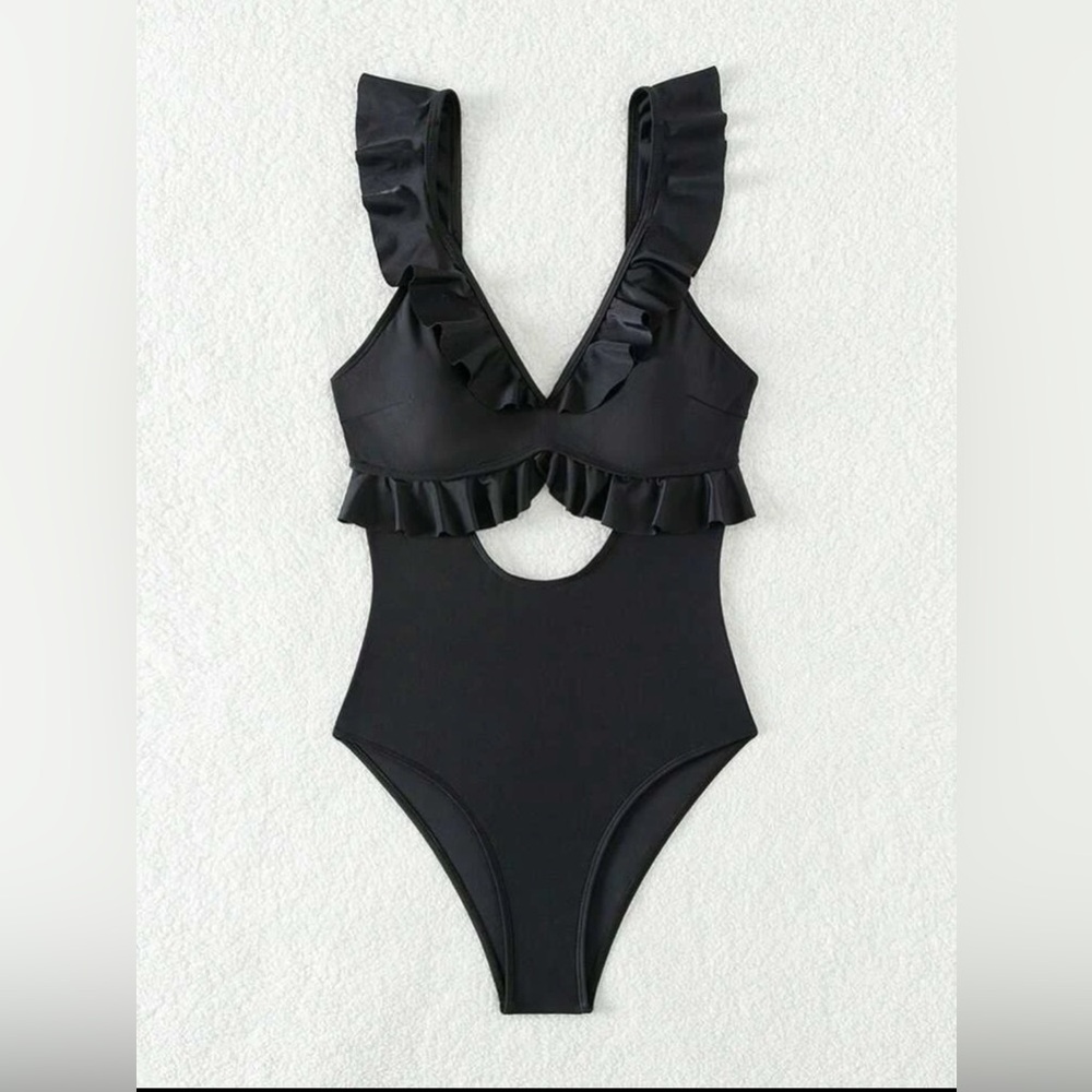 Black Cut Out Ruffle One Piece Swimsuit